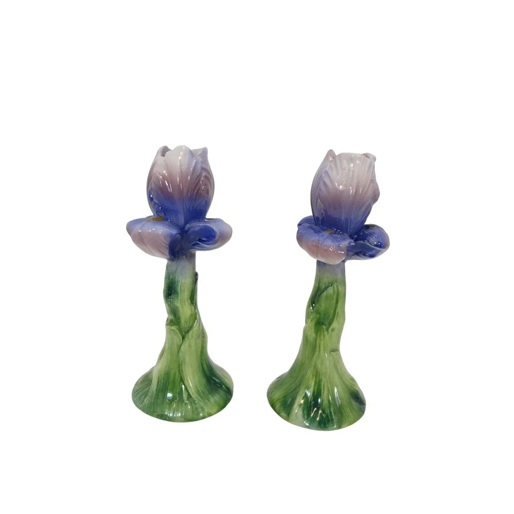 Vintage Ancora Iris Flower Candle Holders Handpainted Italy Blue Purple Green